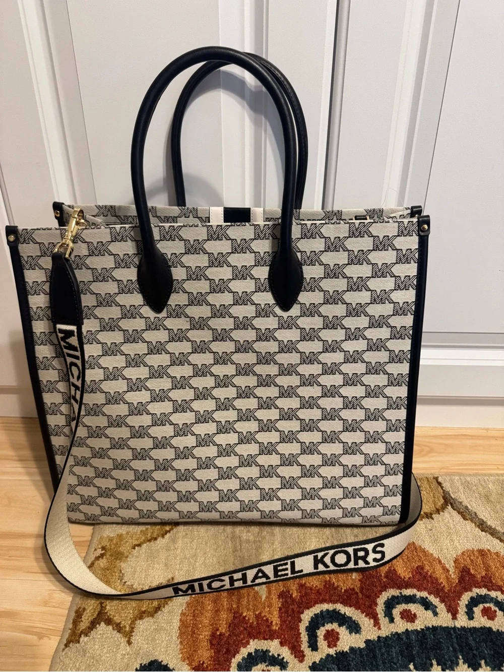 Michael Kors Black & White Signature Tote with Logo Strap
